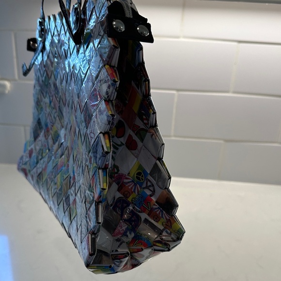 Nahui Ollin Colorful candy wrapper Woven Tote with Brown Handles - Picture 11 of 13